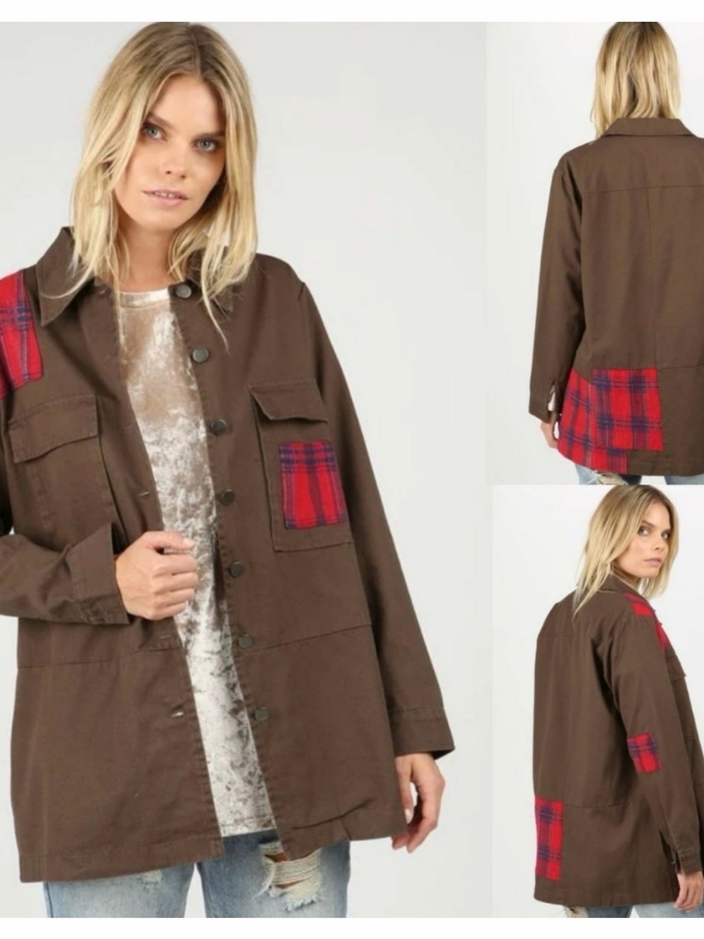 POL Brand new Brown Jacket with Red Plaid Patchwork - Women's Coat ❤️